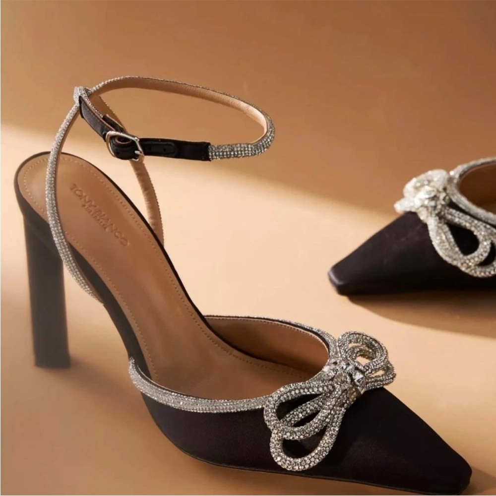 Tony Bianco Anthropologie Elsie 7.5 Heels Black Satin Pointed Toe Rhinestone Bow